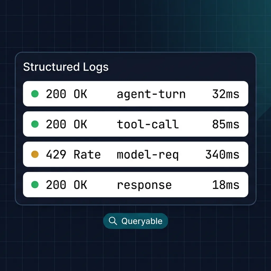 Structured logging output for AI agent session debugging