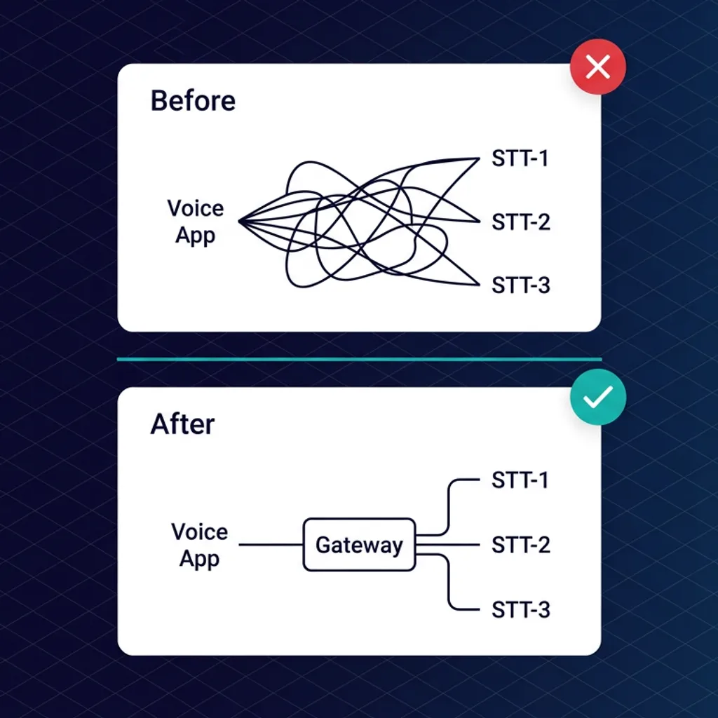 Before and after comparison showing STT Gateway unifying transcription APIs
